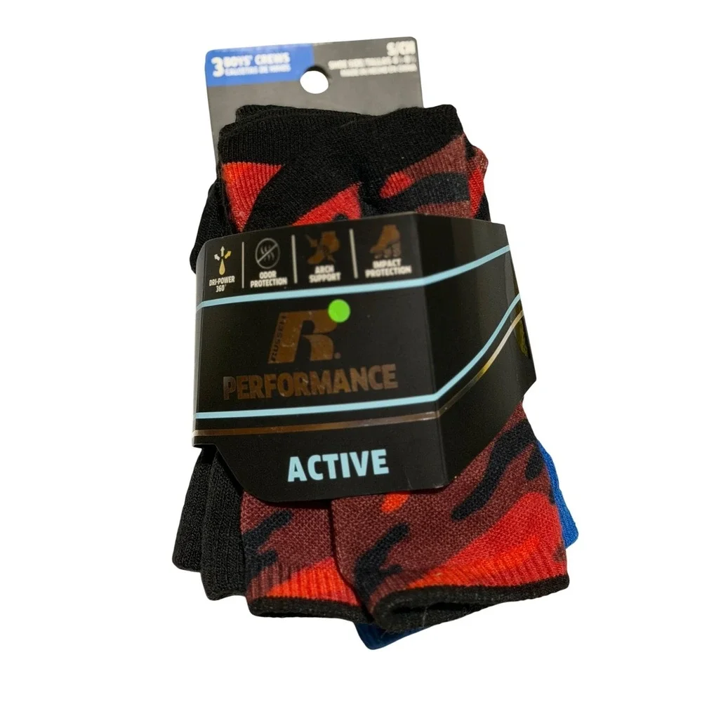 Russell Performance Crew Socks Multicolor Camo Stripe Active Athletic S/CH Boys